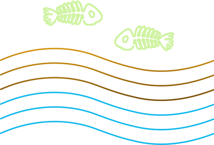 Illustration of dead fish and merky water.